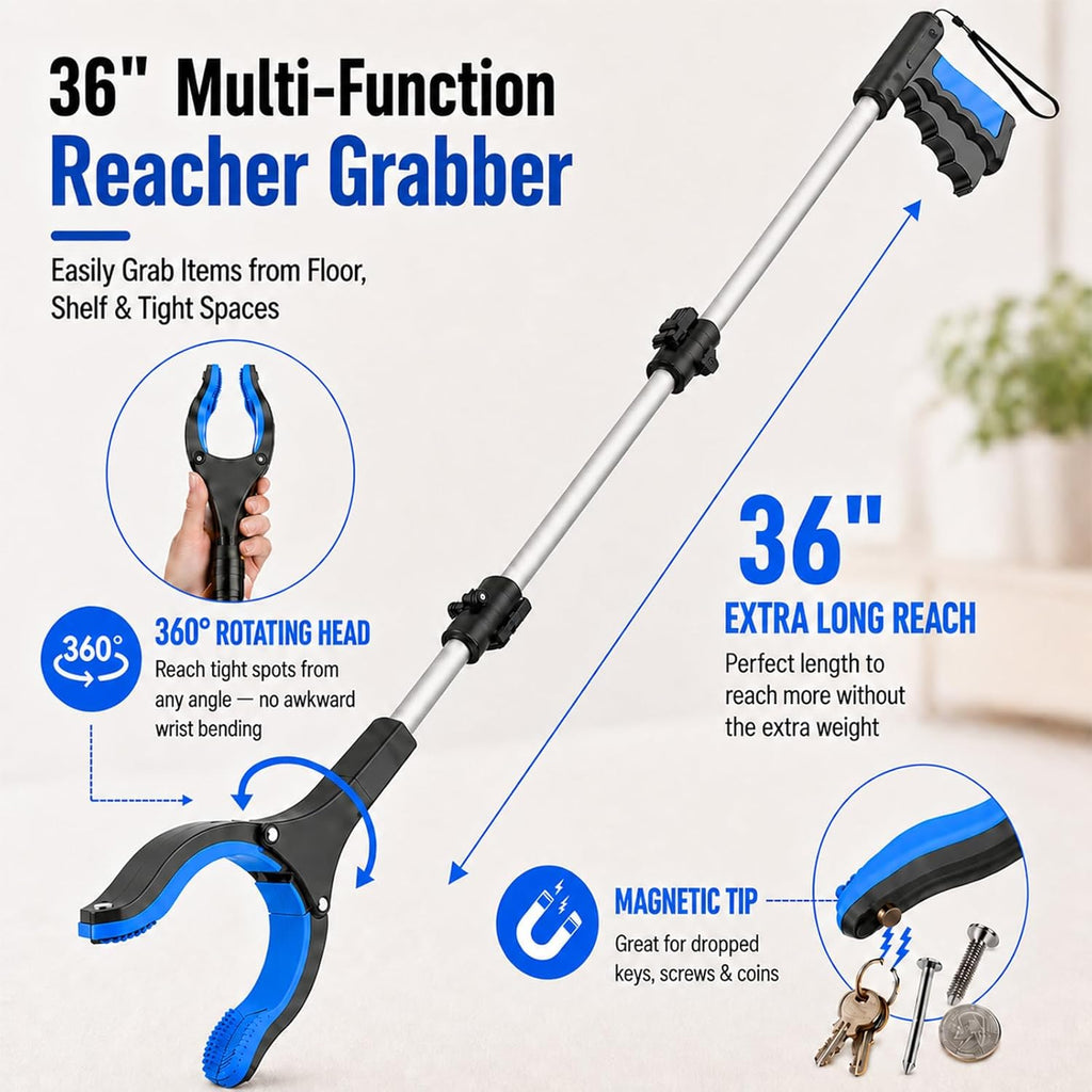 36" Grabber Reacher Tool, 2-Pack Long Reacher Grabber Pickup Tool with 4" Wide Anti-Slip Jaw, 360° Rotating Head and
