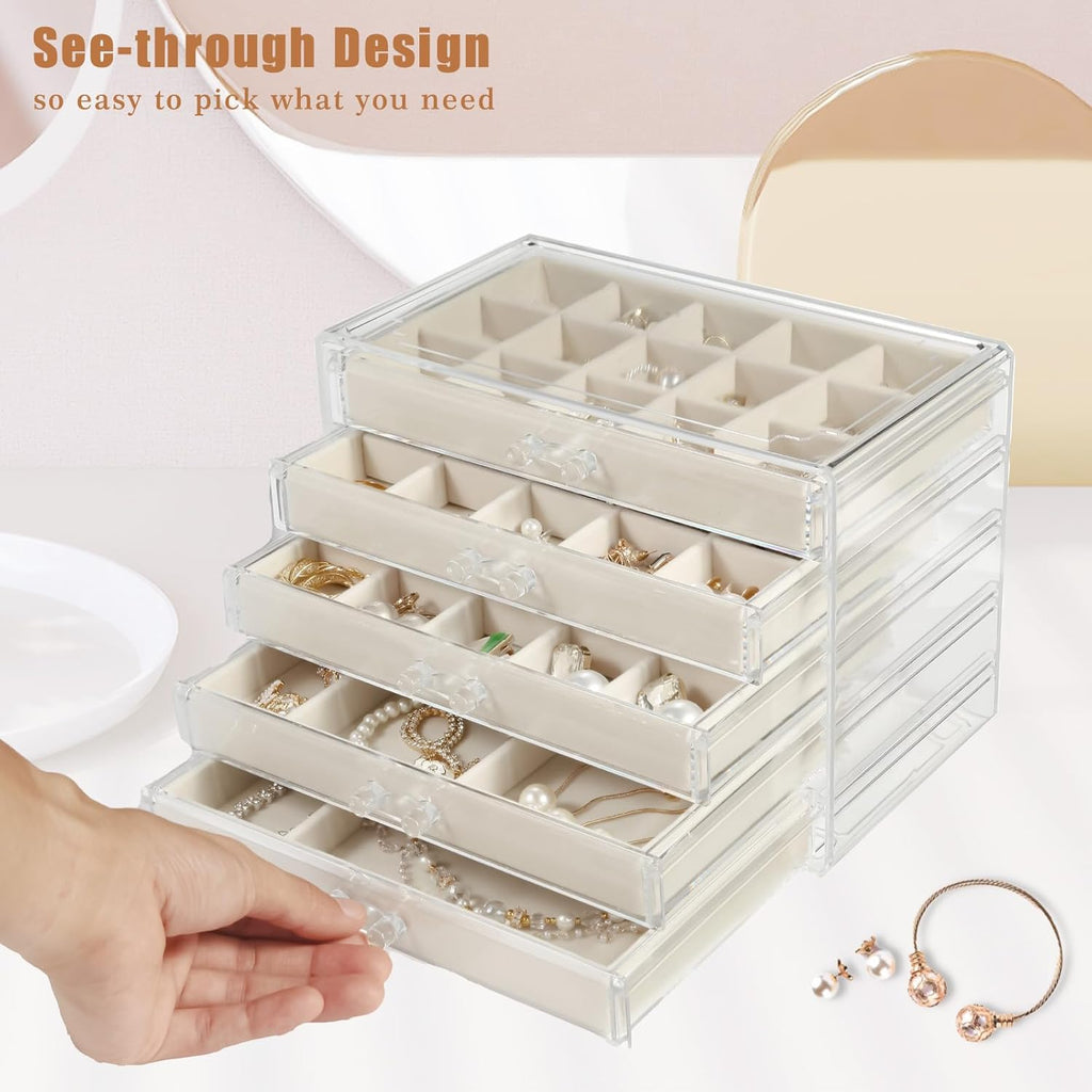 5 Drawers Clear Jewelry Box for Women and Girls, Acrylic Earring Holder Organizer Ring Holder Display Storage