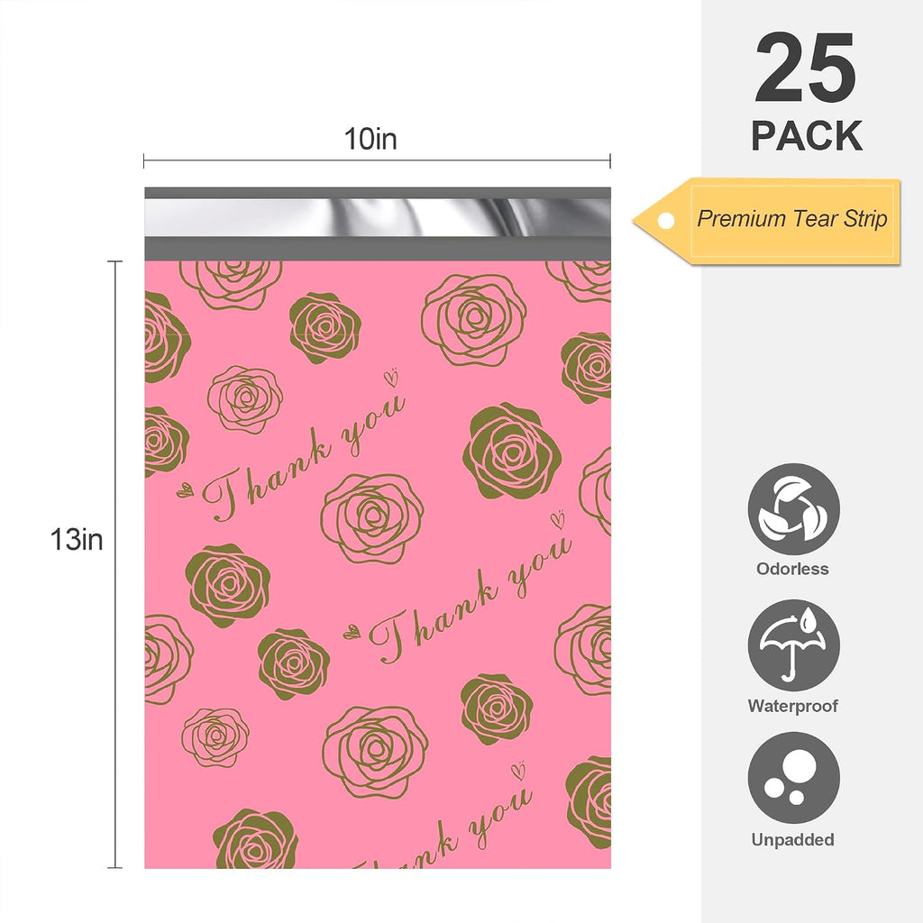 Thank You Poly Mailers 10x13 25 Pack, Gold Rose Design