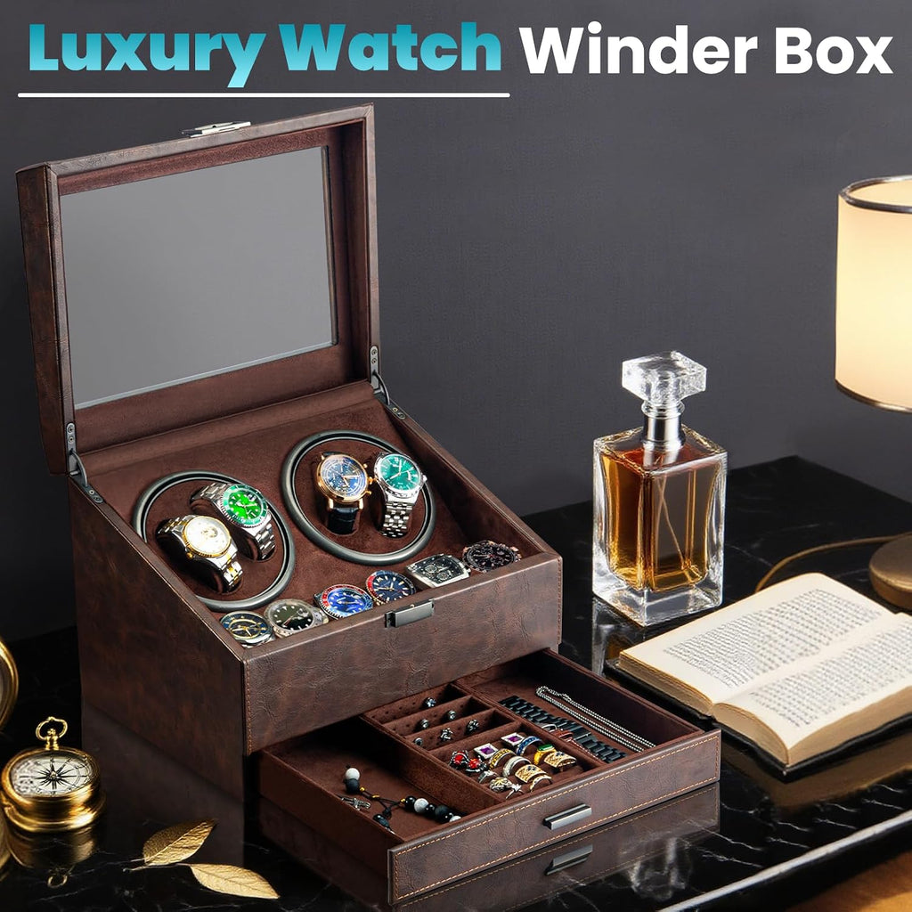 4 Watch Winder with 6-Slots Watch Storage and Jewelry Drawer | 3-in-1 Storage System,Auto-Winding,Extra