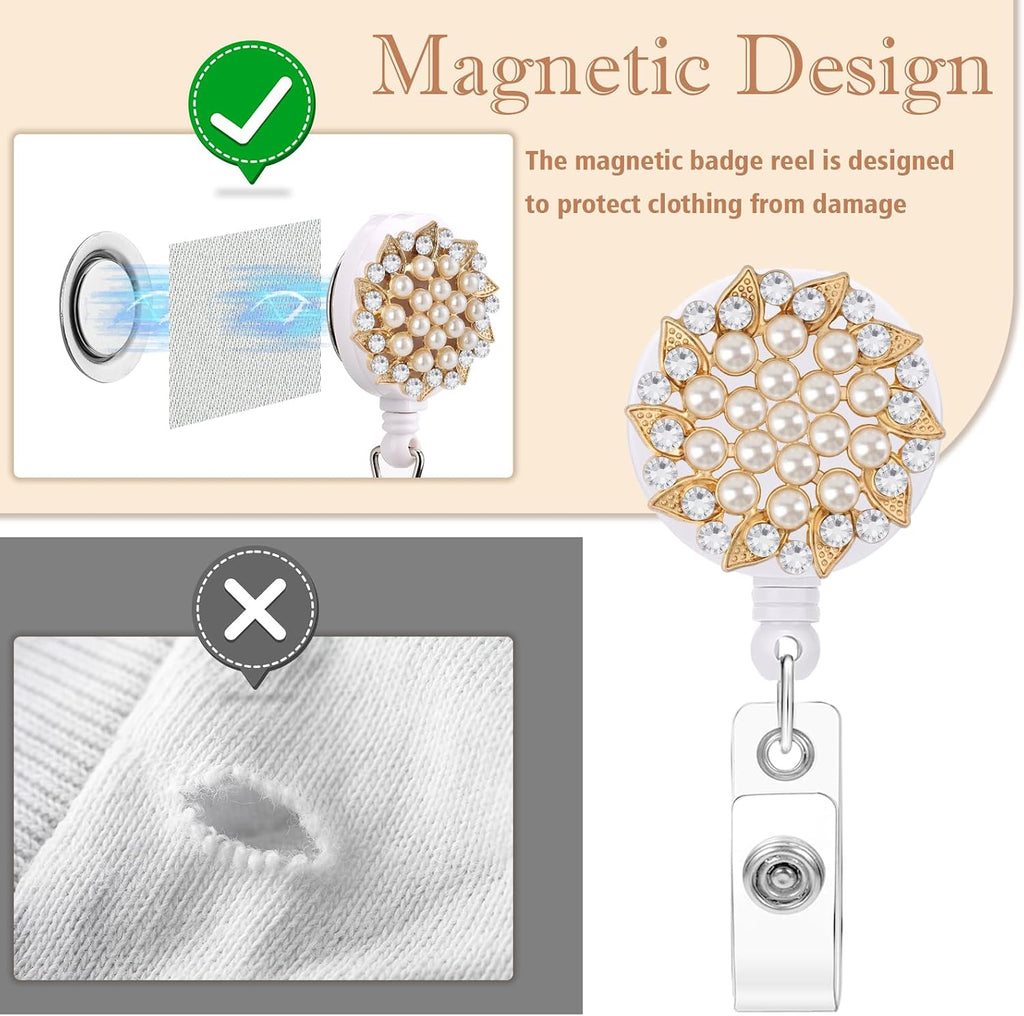 Flower Magnetic Badge Holder Retractable Badge Reel Diameter 1.26" Pearl Gold Flower Magnetic ID Badge Clip Magnet