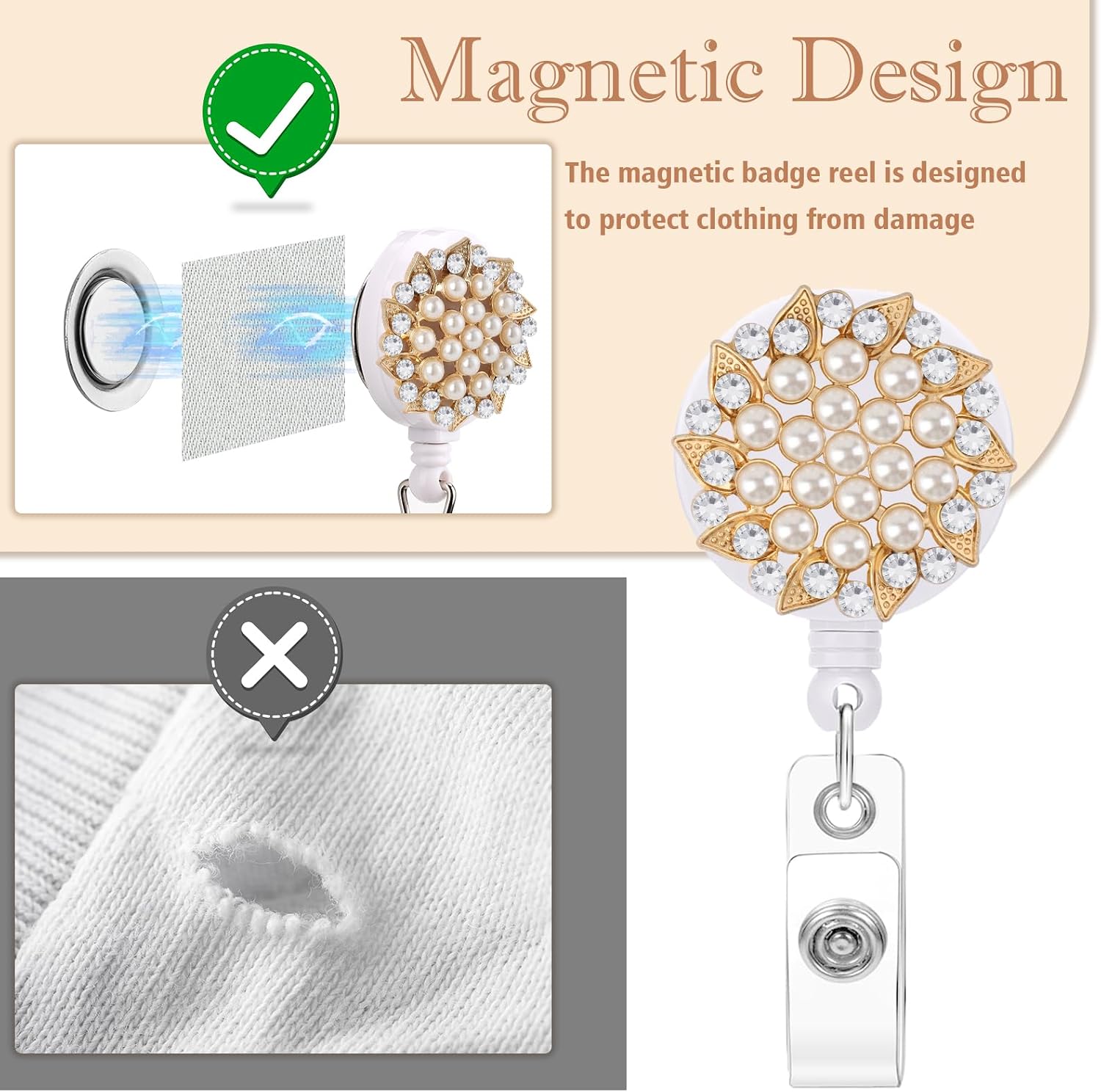 Flower Magnetic Badge Holder Retractable Badge Reel Diameter 1.26" Pearl Gold Flower Magnetic ID Badge Clip Magnet