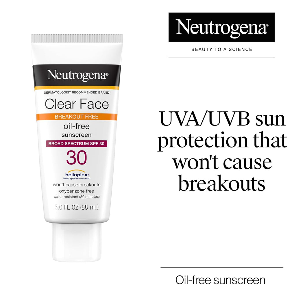 Neutrogena Clear Face Sunscreen for Acne-Prone Skin SPF 30, Broad Spectrum Facial Sunscreen Lotion, Lightweight, Non