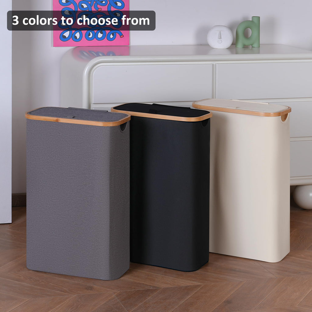 Slim Laundry Basket,60L Laundry Hamper with Lid, Tall Hamper for Laundry,Dirty Cloth Hamper with Bamboo Handle for