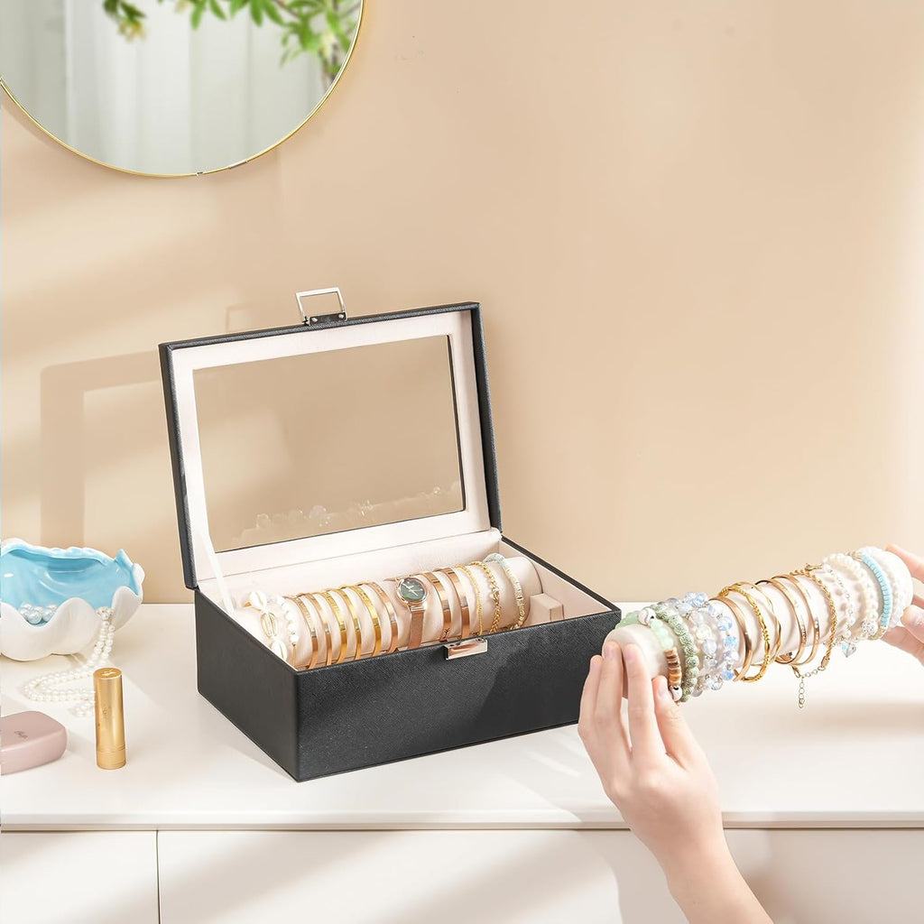Bracelet Display Holder with Clear Lid -Black | Jewelry Organizer with 2 Velvet Display Rods, Perfect Storage Case