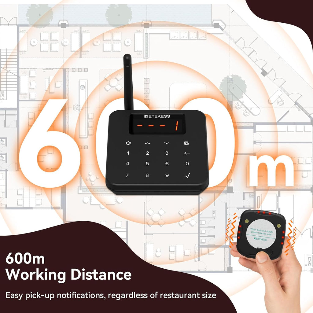TD186 Restaurant Pager System, 600M Anti-tip Pagers, 20 Buzzers