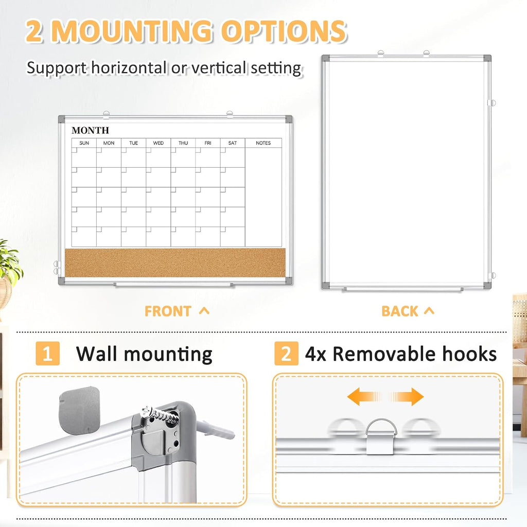Large Dry Erase Calendar for Wall, 36"x24" Double-Sided Magnetic Whiteboard Calendar with Cork Board, Aluminum Frame