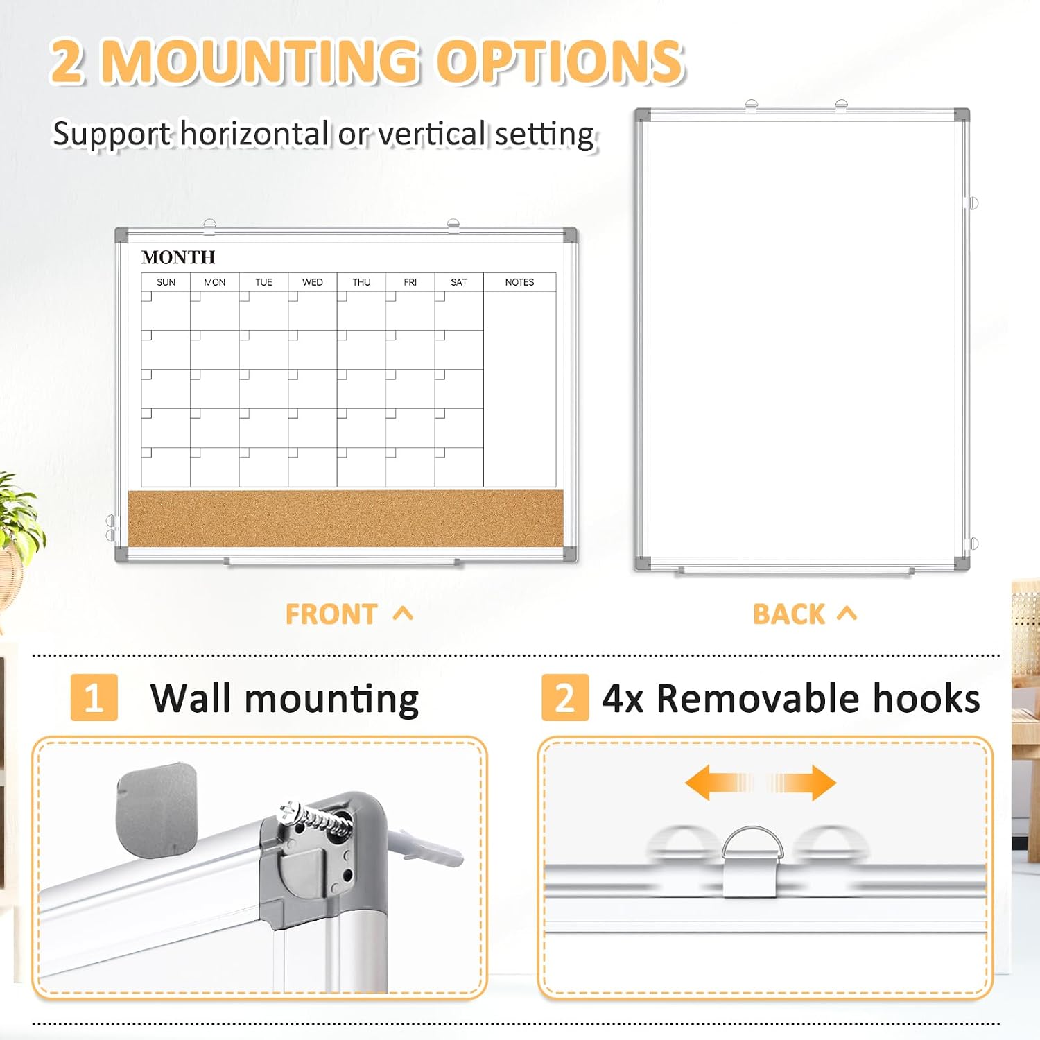 Large Dry Erase Calendar for Wall, 36"x24" Double-Sided Magnetic Whiteboard Calendar with Cork Board, Aluminum Frame