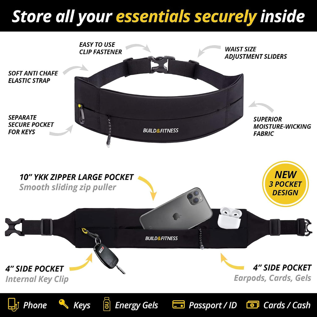 Zipper Running Belt – Adjustable Waist Pack, Slim, Light, YKK Zip, Secure Key Clip – Fits ALL Cell Phones, Keys