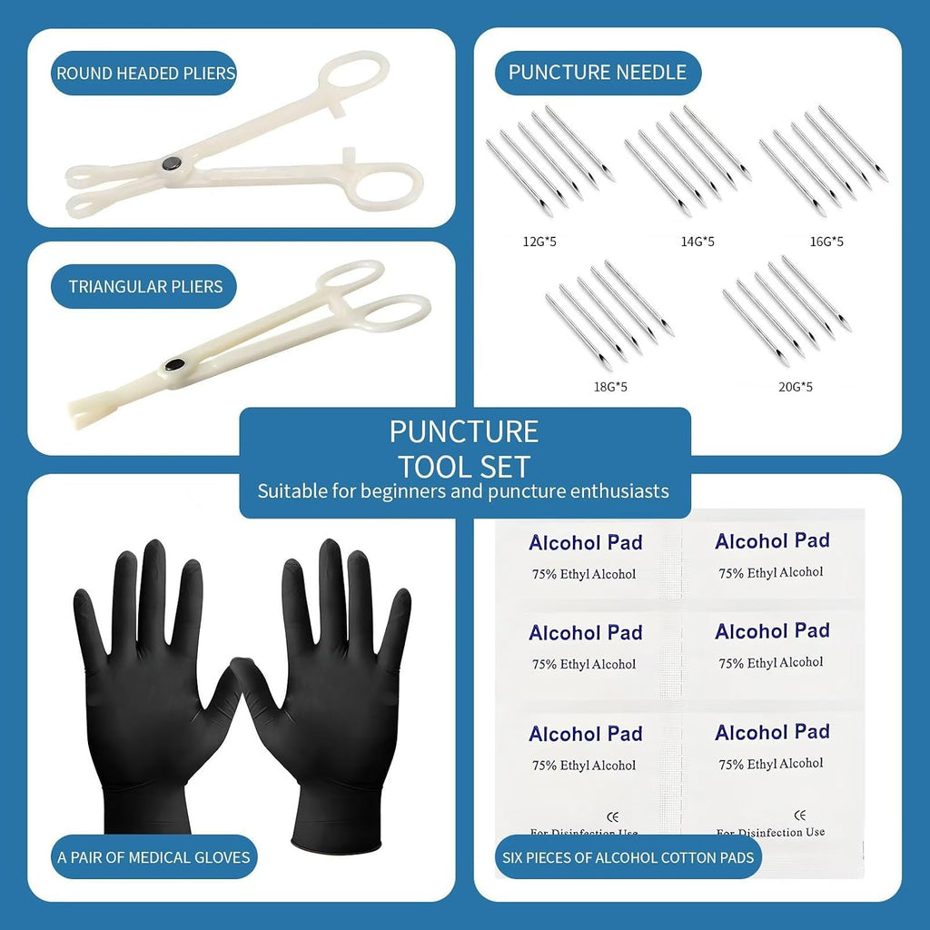 Piercing Kit -39Pcs Body Piercing Practice Kit with Silicone Ear & Nose Model - 25 Mixed Hollow Needles (12G-20G)