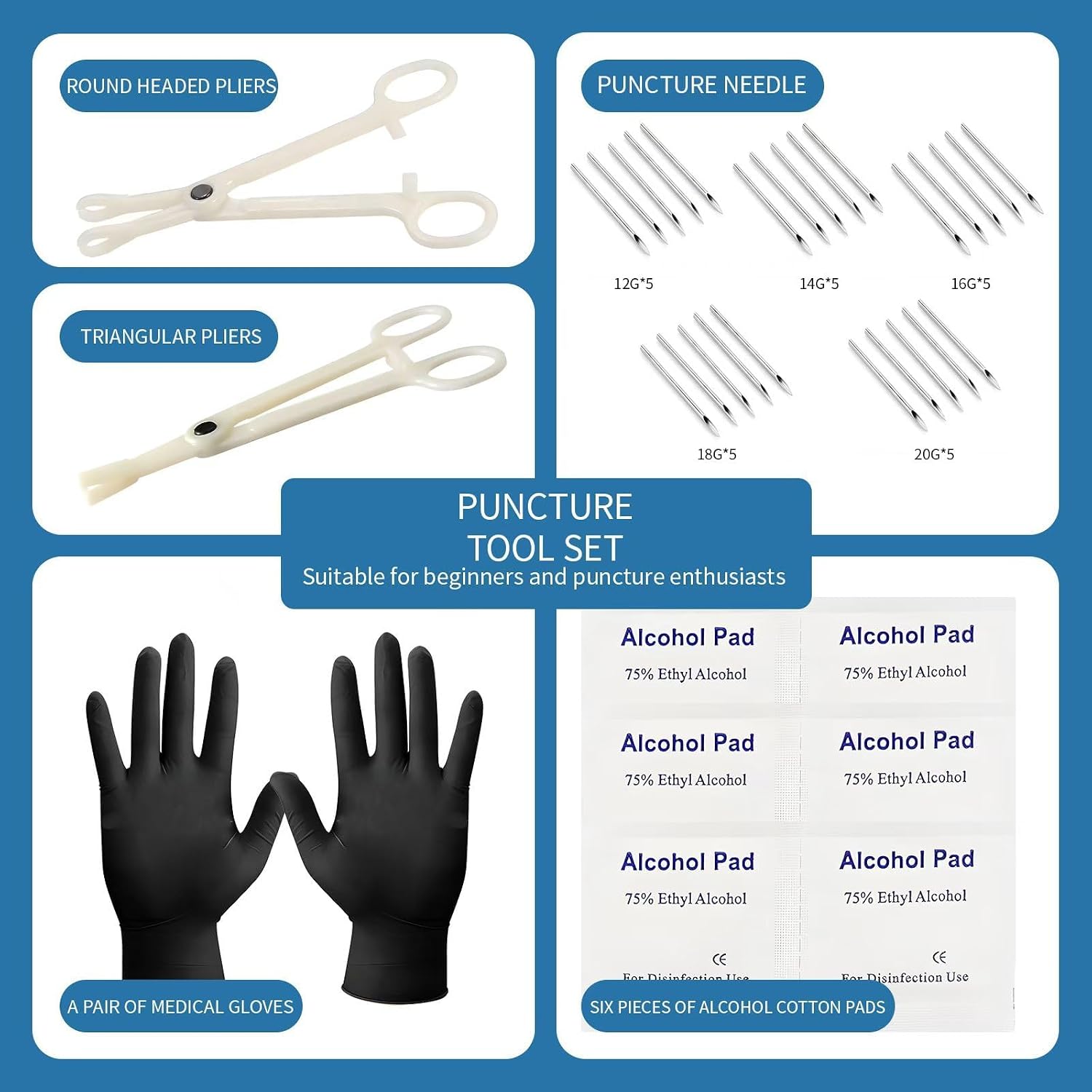 Piercing Kit -39Pcs Body Piercing Practice Kit with Silicone Ear & Nose Model - 25 Mixed Hollow Needles (12G-20G)