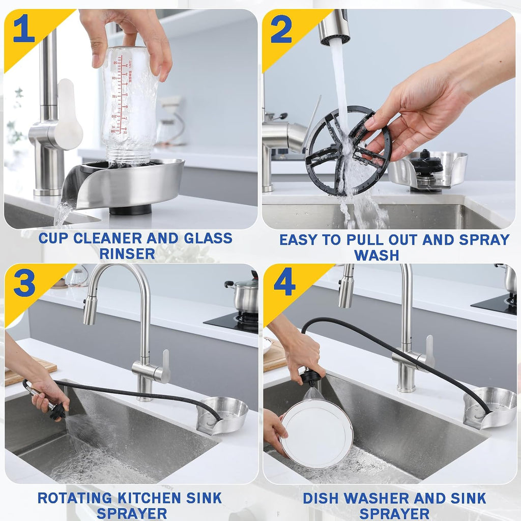 Glass Rinser and Cup Washer for Sink, 360° Rotating Spray Nozzle with Pull-Out Design, Bottle Cleaner - Tilted Base