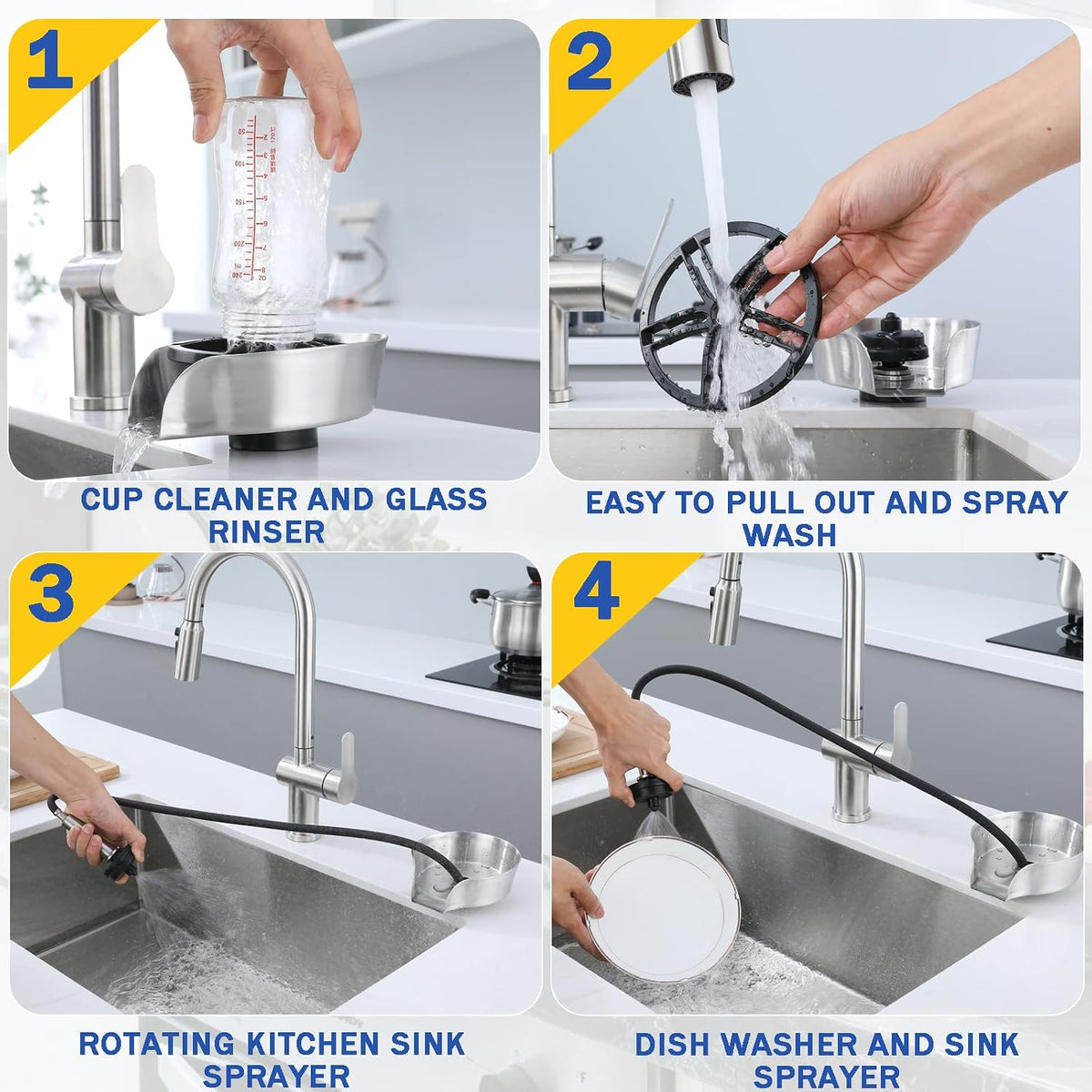 Glass Rinser and Cup Washer for Sink, 360° Rotating Spray Nozzle with Pull-Out Design, Bottle Cleaner - Tilted Base