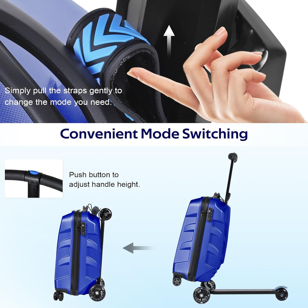 Scooter Suitcase for Kids & Adults，3-D Hardshell Ride On Scooter Luggage with Led Light Up Wheels，TSA