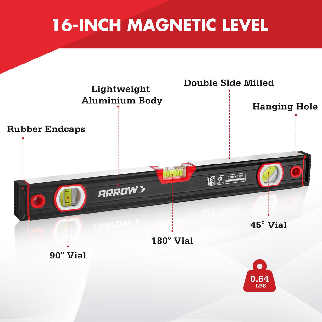 ARROW 16-Inch Level, Magnetic Torpedo Level for Construction, Carpentry