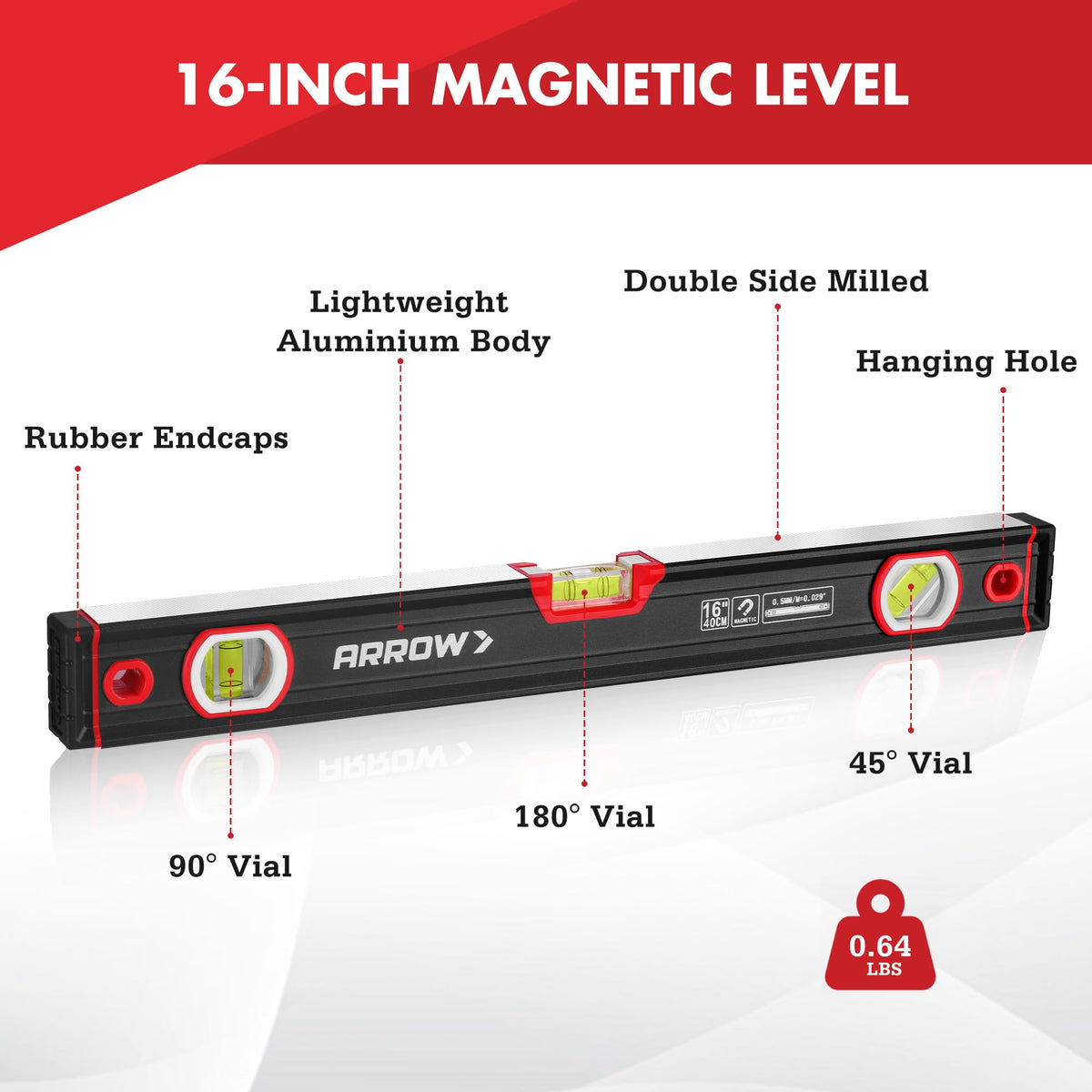 ARROW 16-Inch Level, Magnetic Torpedo Level for Construction, Carpentry