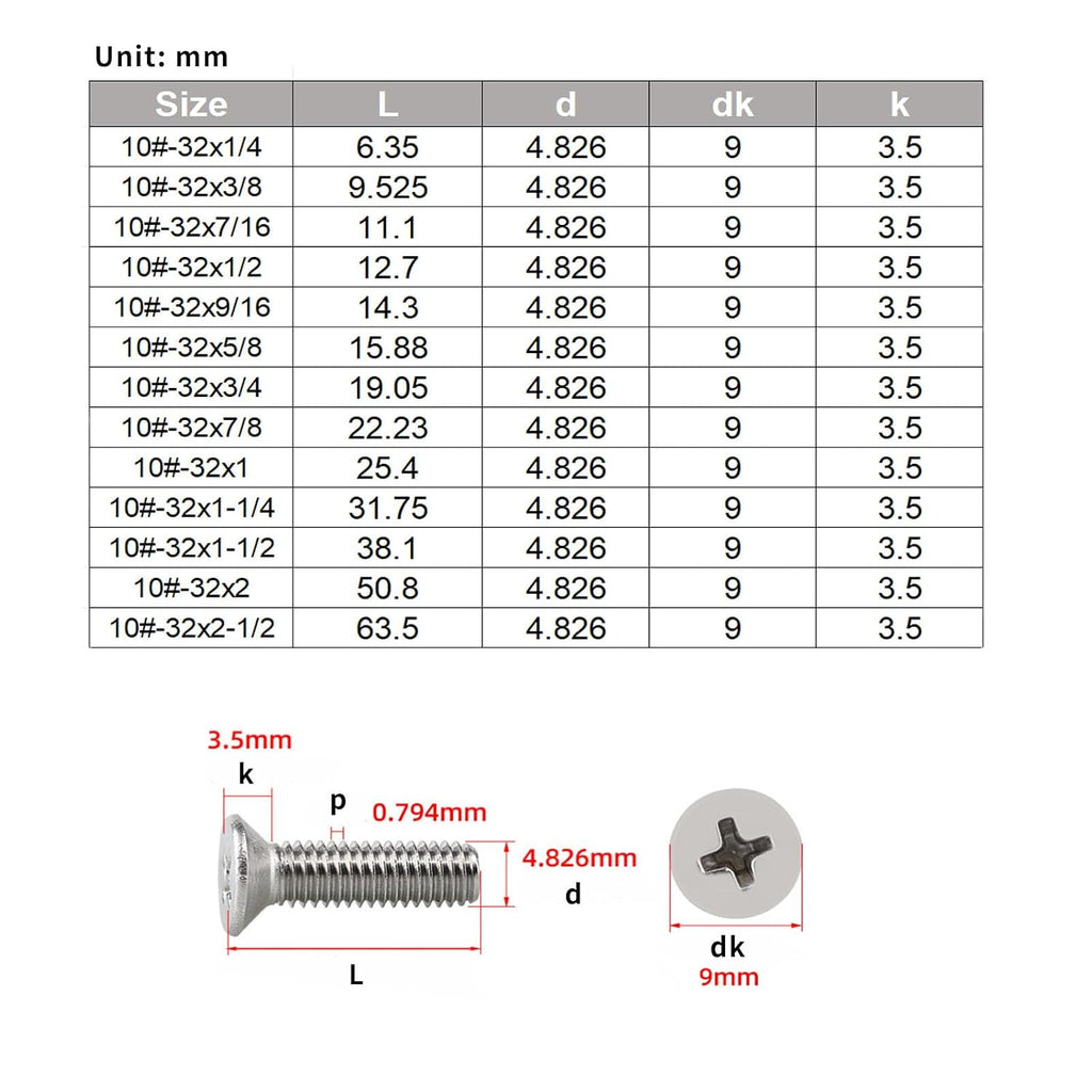 Flat Head Machine Screws, 304 Stainless Steel Screws Phillips Drive, Metal Screws for DIY & Professional Use (#10-32 x 1/4",10)