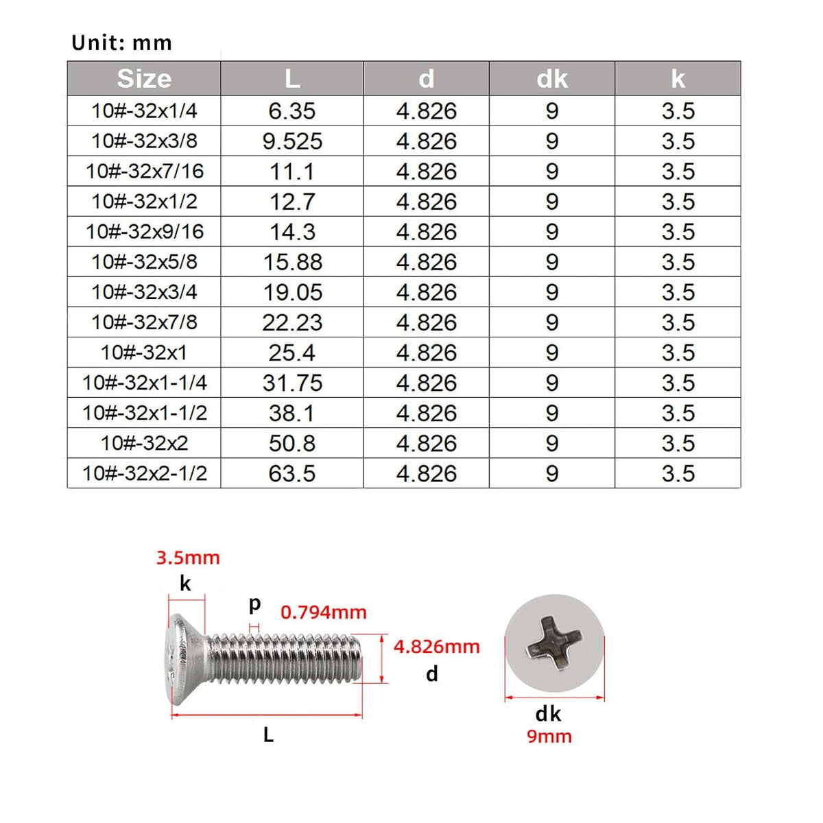 Flat Head Machine Screws, 304 Stainless Steel Screws Phillips Drive, Metal Screws for DIY & Professional Use (#10-32 x 1/4",10)