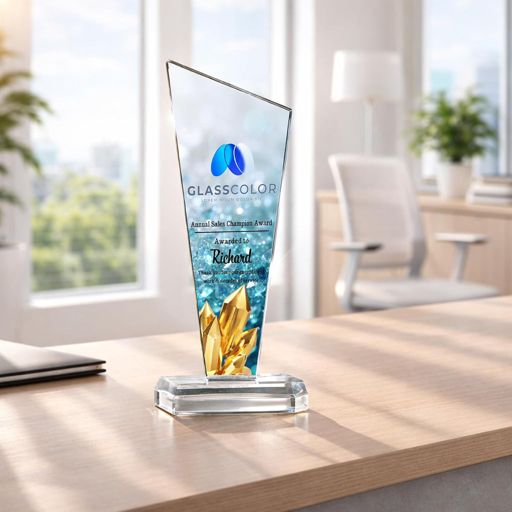 Custom Crystal Trophy Award with Logo Photo Text for Employee Recognition | Personalized Crystal Award For Corporate