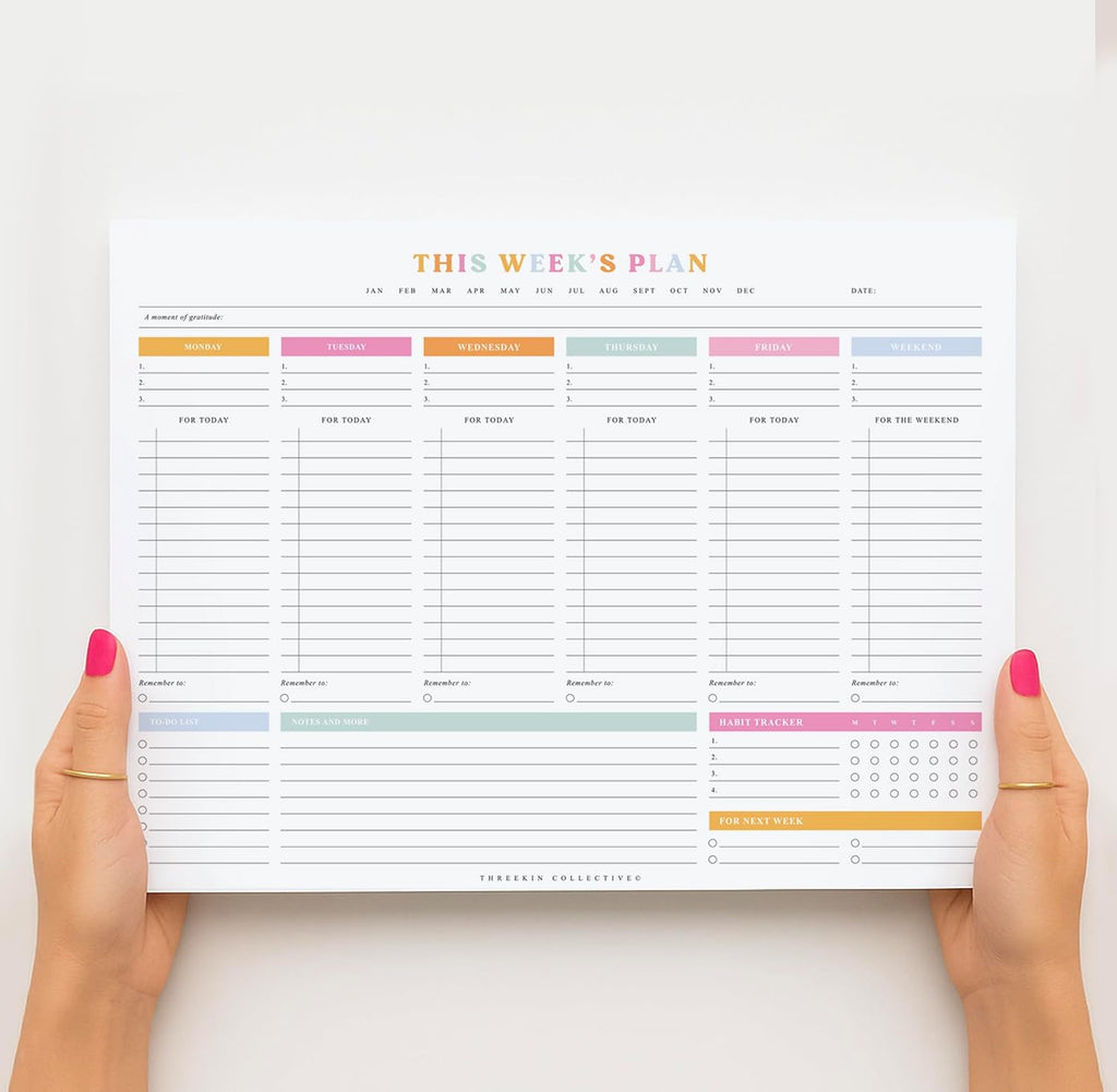 ThreeKin Weekly Planner - Premium 52-Sheet Tear-Off Notepad, 8.5 x 11 inches, Clean Colorful Design, Perfect for