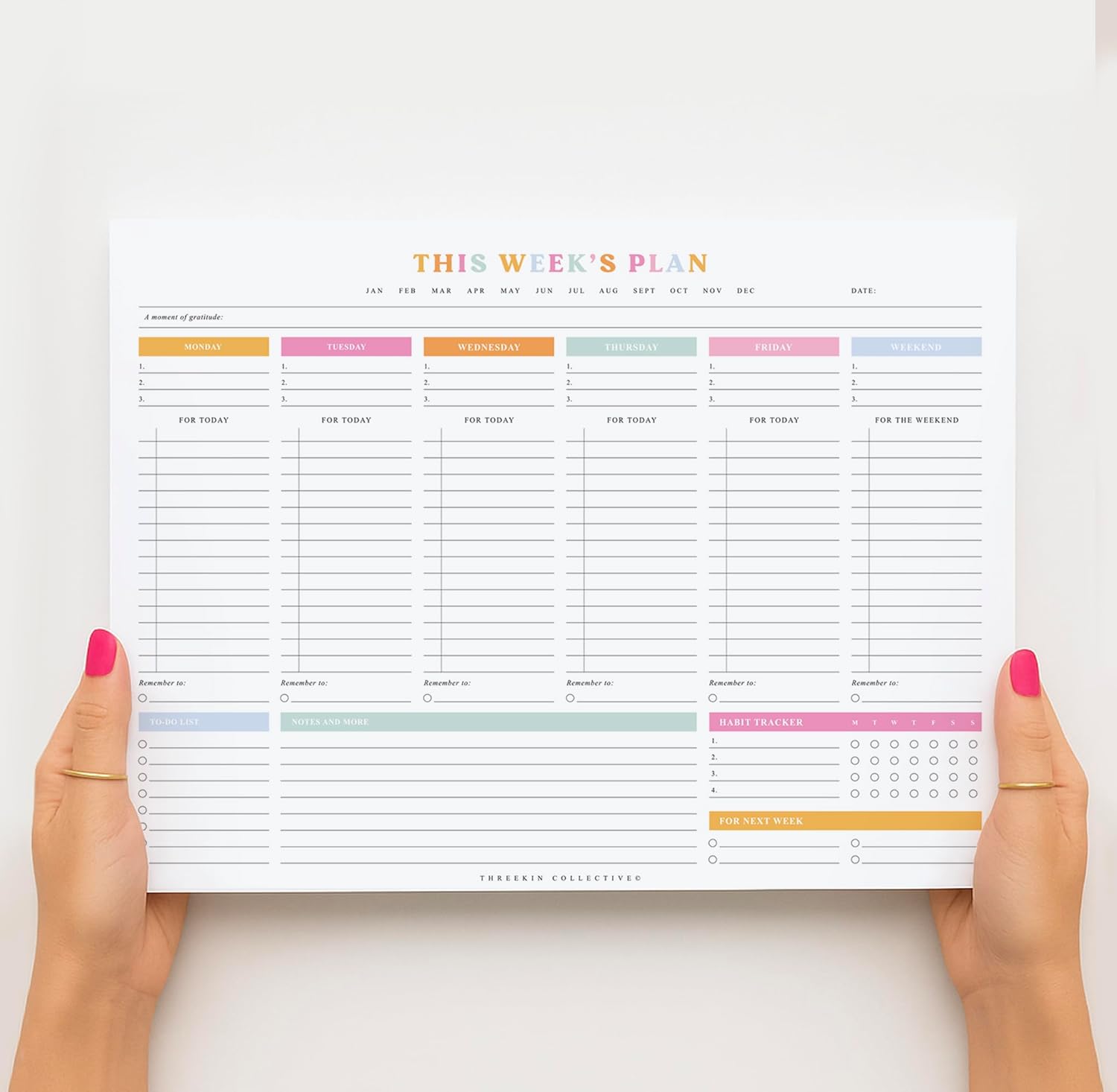 ThreeKin Weekly Planner - Premium 52-Sheet Tear-Off Notepad, 8.5 x 11 inches, Clean Colorful Design, Perfect for