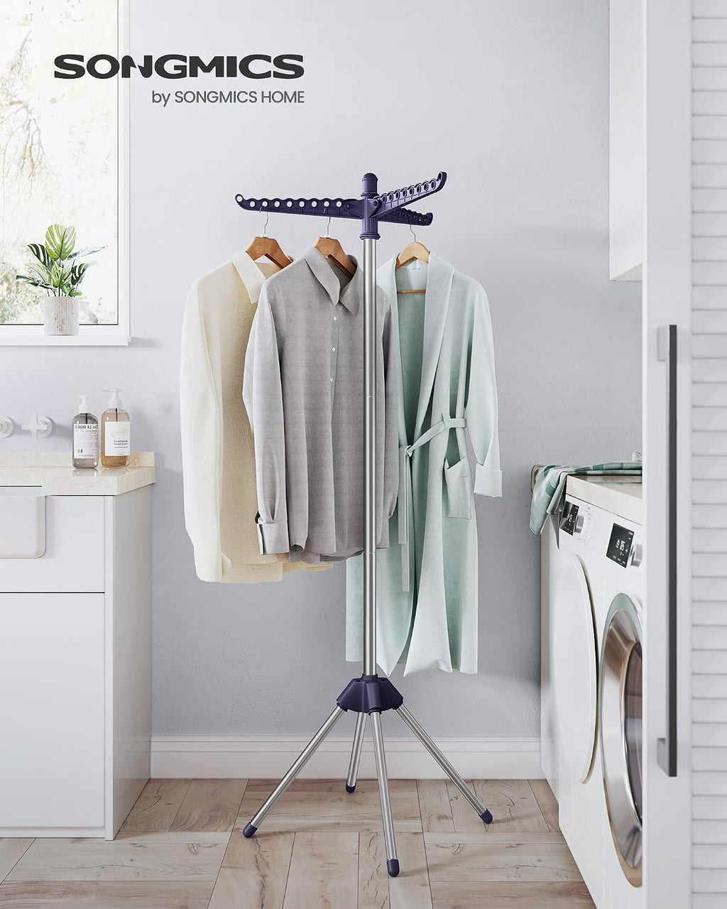 Clothes Drying Rack, 59-Inch Folding Laundry Drying Rack with 3 Rotatable Arms for Hangers, 4 Legs, Stainless Steel