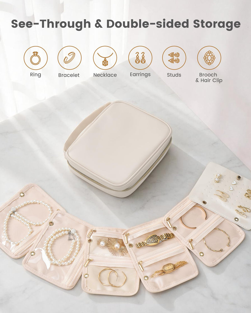 Travel Jewelry Case, Medium Jewelry Storage Binder Organizer -Beige