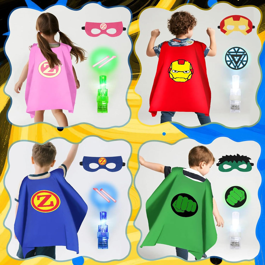 Superhero Capes with Finger Lights, Masks Dress Up for Kids 3-12 | 8 Capes, 8 Masks, 8 Lights for Boys Girls