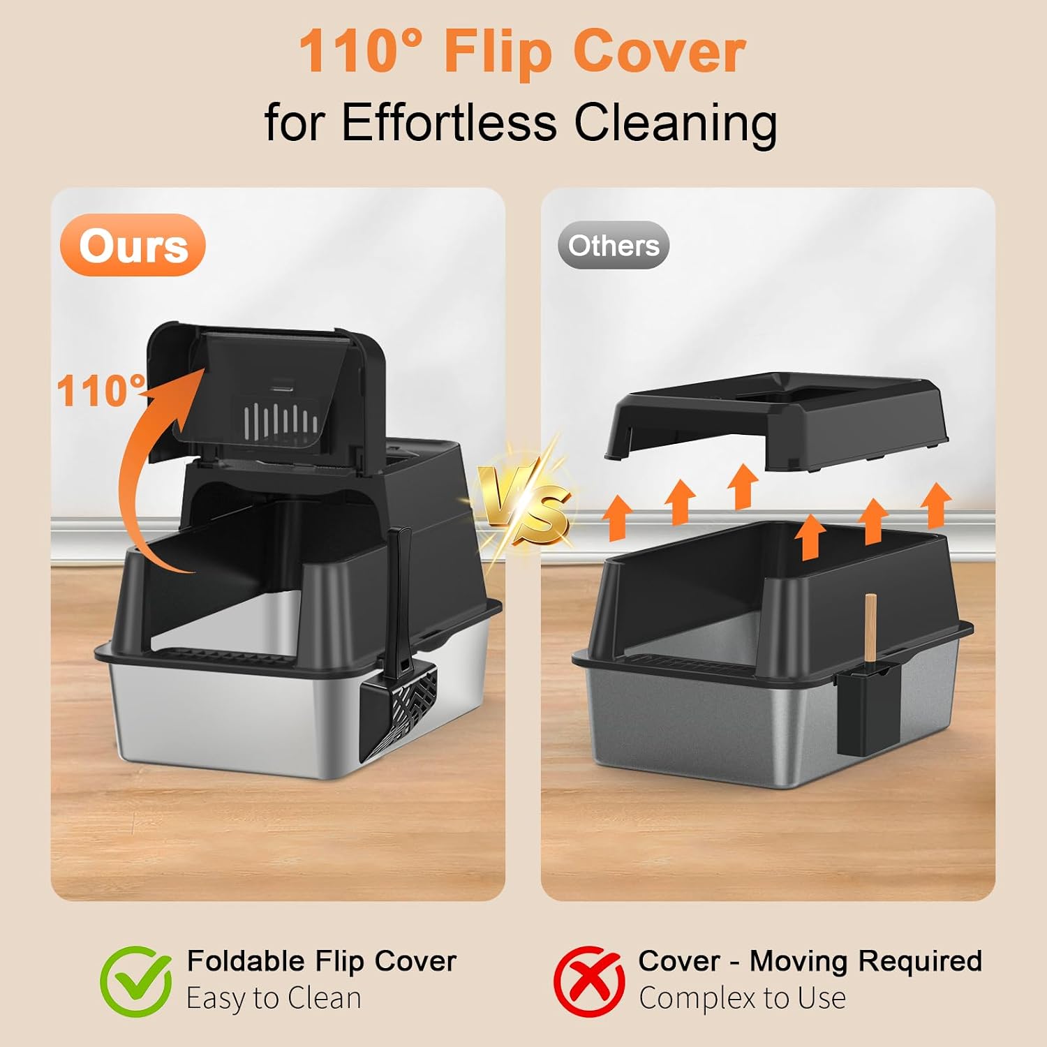 Stainless Steel Cat Litter Box with 110° Flip-Top Lid, XL Enclosed Metal Litter Box for Large Cats, Odor Control