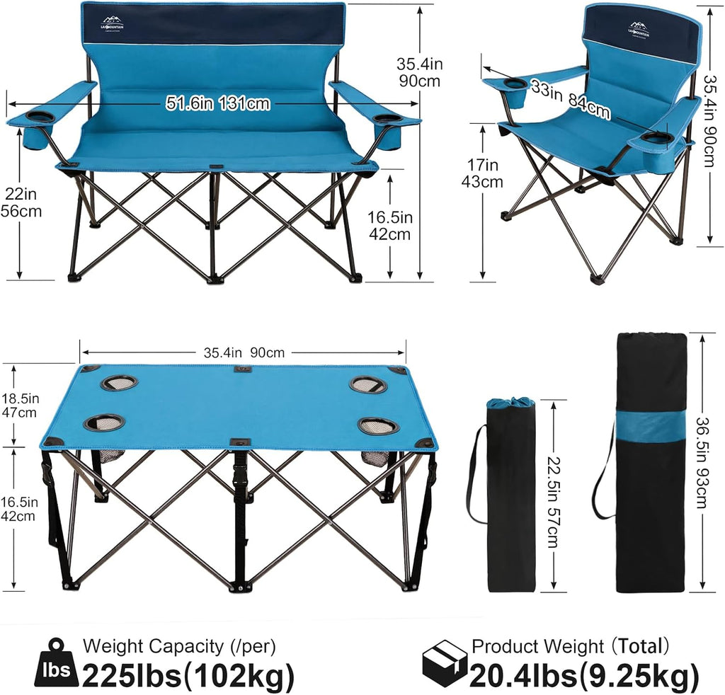 Oversized 4 Pcs Camping Chair Set with Table,Outdoor Folding Heavy Duty Lawn Chair,Cup Holder,Portable,Loveseat Chair