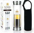 Tea Infuser Bottle for Loose Leaf Teas, 400 ml / 13.5 fl oz | Double Wall Glass Tea Bottle with Infuser, Insulated