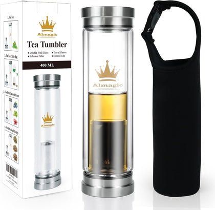 Tea Infuser Bottle for Loose Leaf Teas, 400 ml / 13.5 fl oz | Double Wall Glass Tea Bottle with Infuser, Insulated