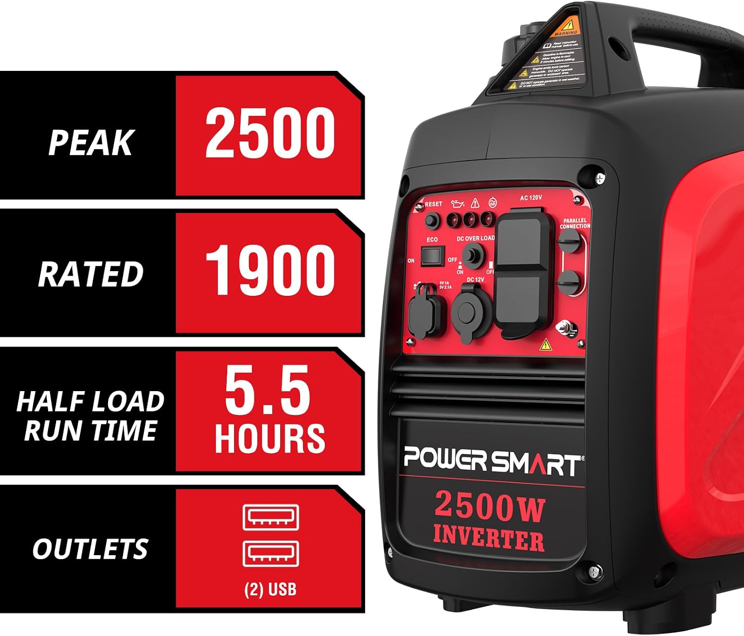 2500 Watt Portable Inverter Generator with Quiet Technology | Super Quiet 59dBA; Eco mode; Parallel Ready; Long