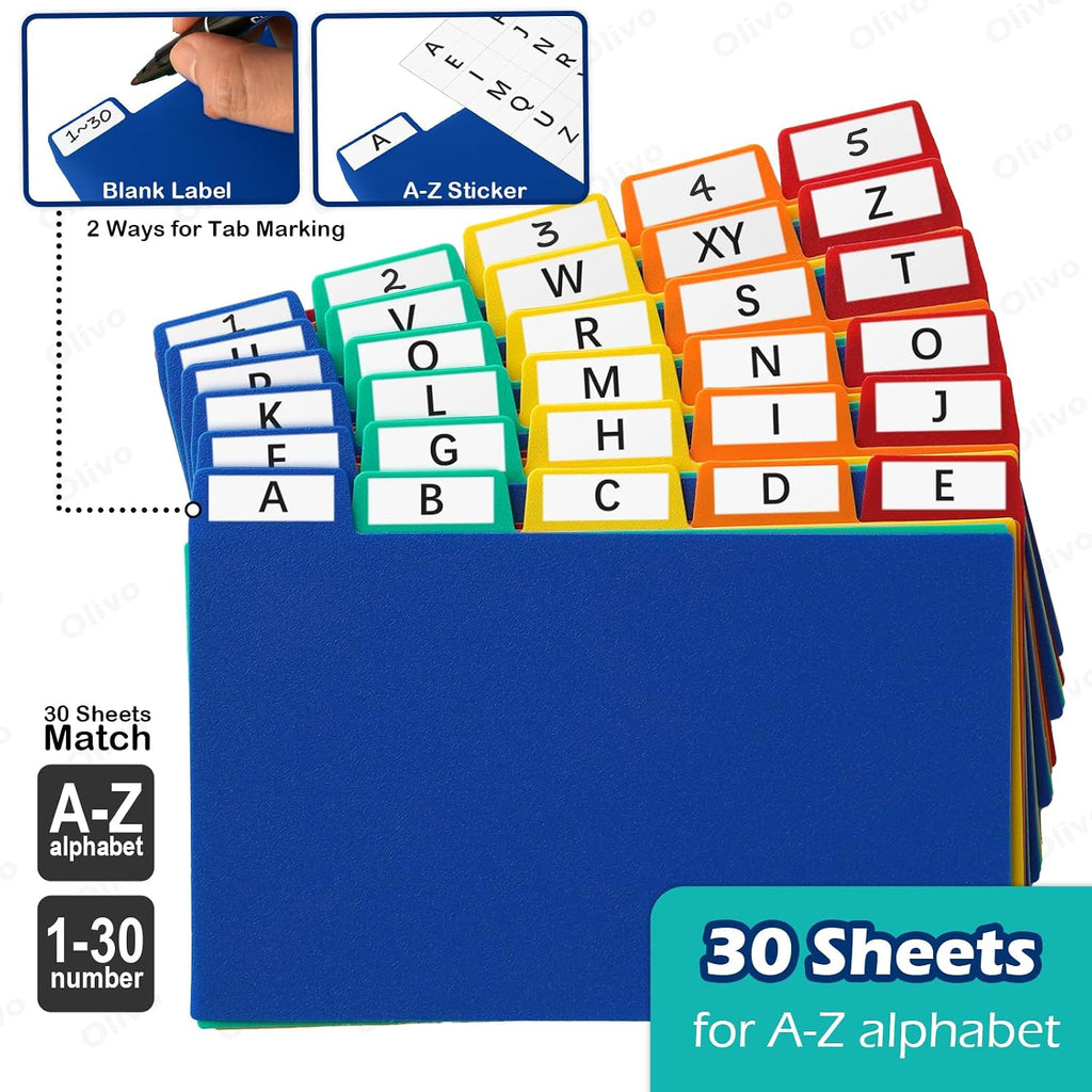 3x5 Index Card Dividers Tabs, Plastic A-Z Guides, Colored, 30 Pack | 3 x 5 Inch, Poly Plastic, Alphabet and Blank