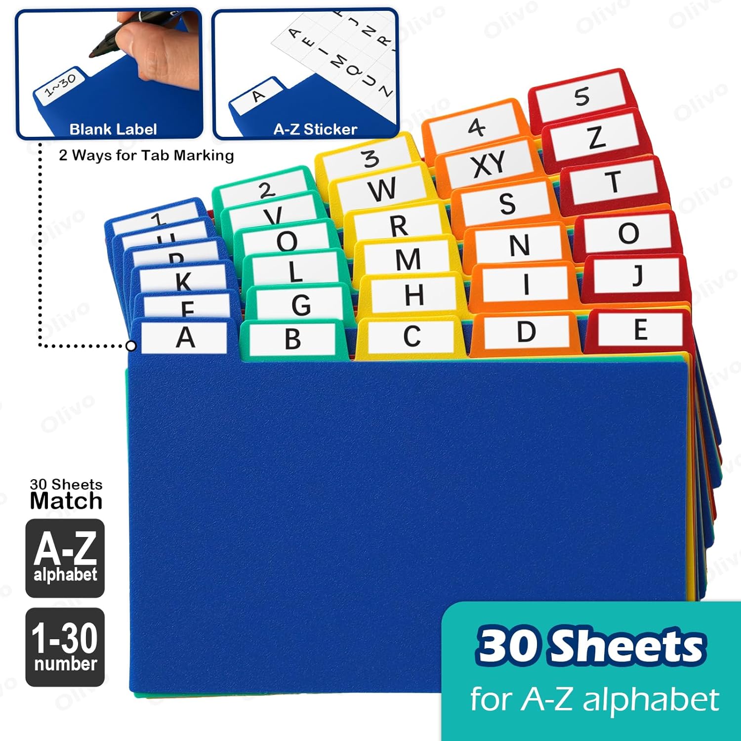 4x6 Index Card Dividers Tabs, Plastic A-Z Guides, Colored, 30 Pack | 4 x 6 Inch, Poly Plastic, Alphabet and Blank