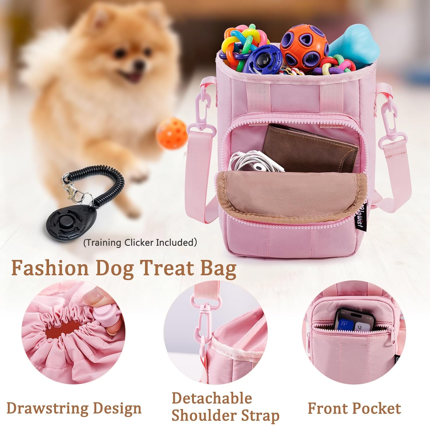 Stylish Dog Training Treat Pouch with Waist & Shoulder Strap, Dog Treat Bag for Walking and Training, Removable