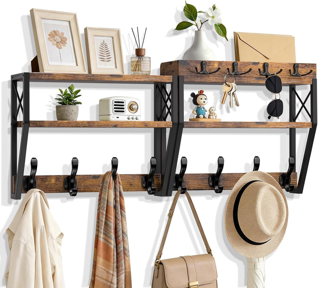 Upgraded 3-Tier Large Coat Rack Wall Mount with Shelf, 4 in 1 Versatile Coat and Key Hanger Wall Mount, 32-inch