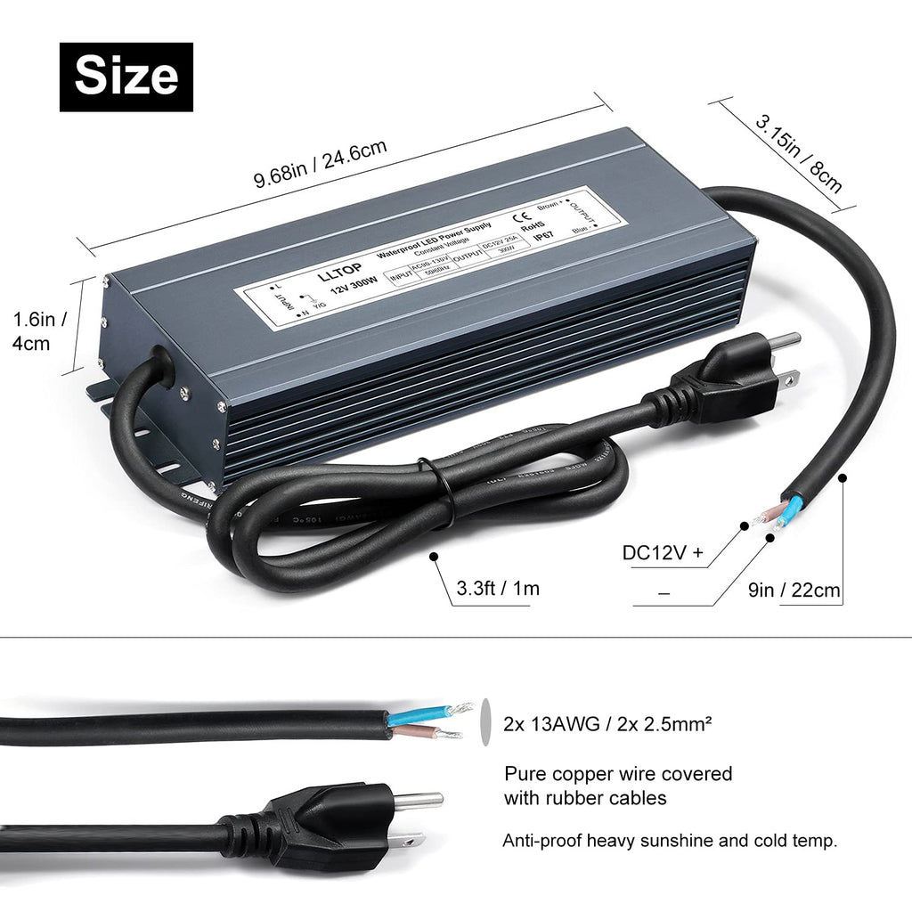 LLTOP 12V DC LED Driver Waterproof IP67 Power Supply 300W 25A