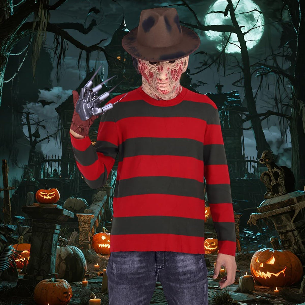 Adult Halloween Costumes for Mens Horror Costume Striped Sweater with Hat Claw Gloves Mask