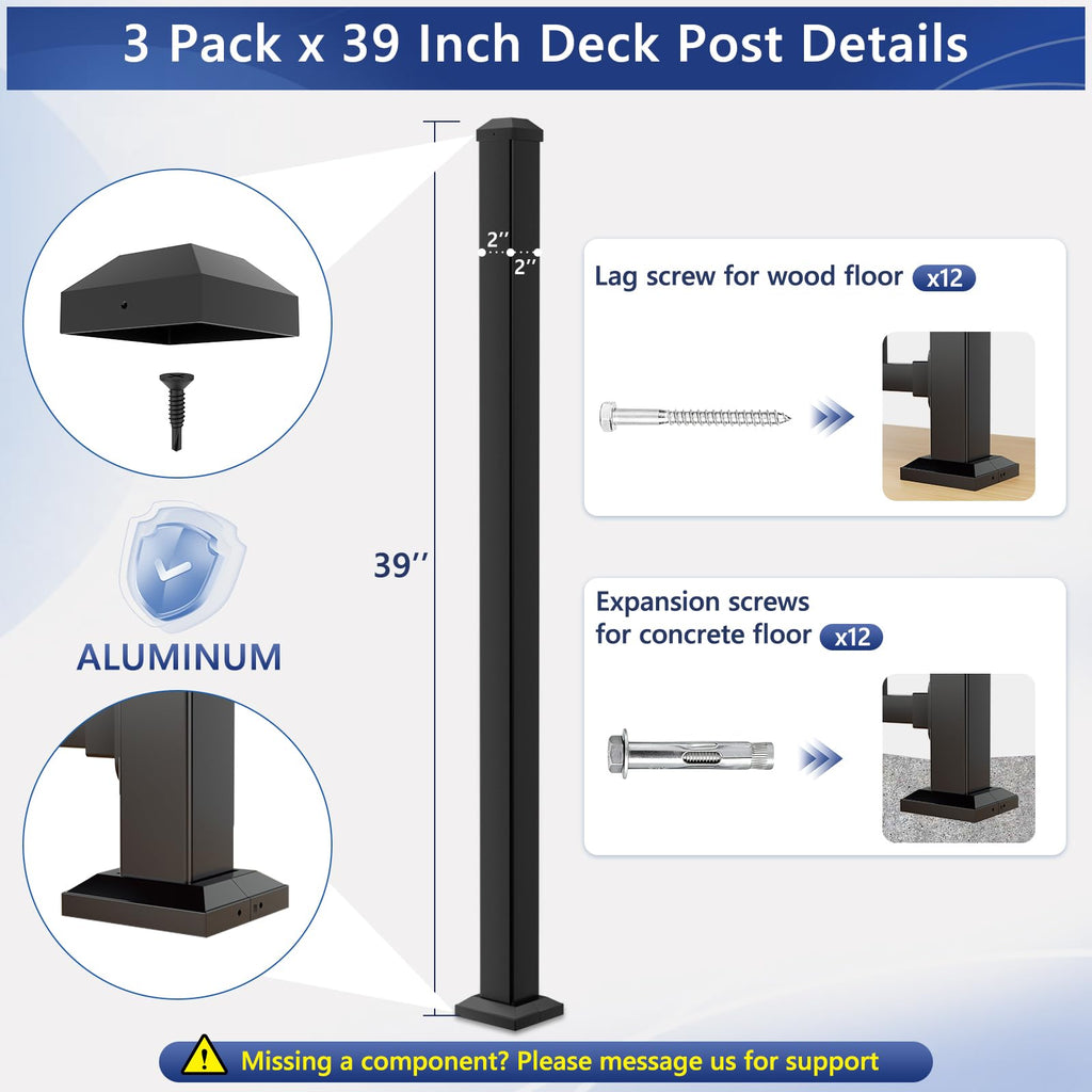 3 Pack 39in x 2in Modular Aluminum Deck Railing Post for Deck