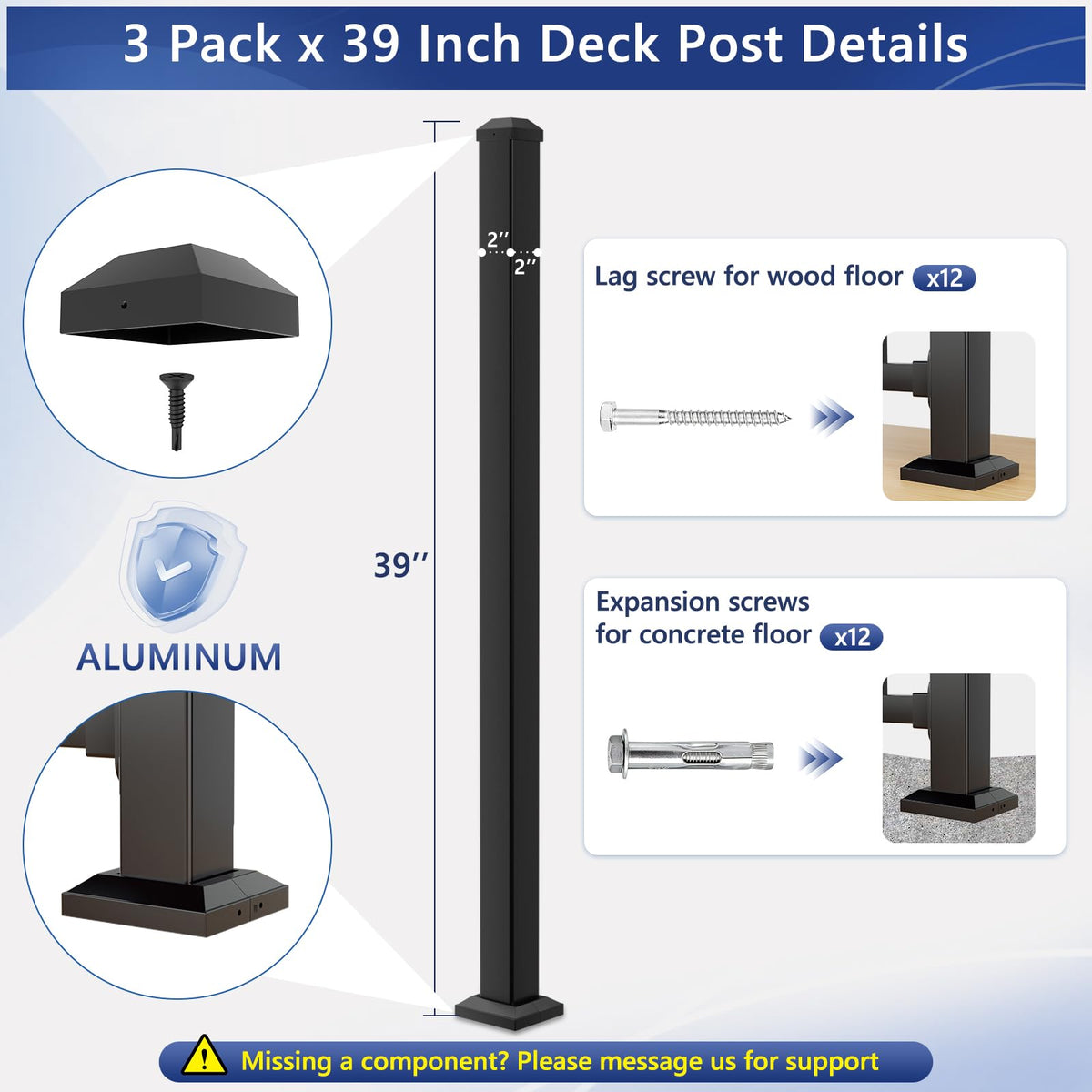 3 Pack 39in x 2in Modular Aluminum Deck Railing Post for Deck