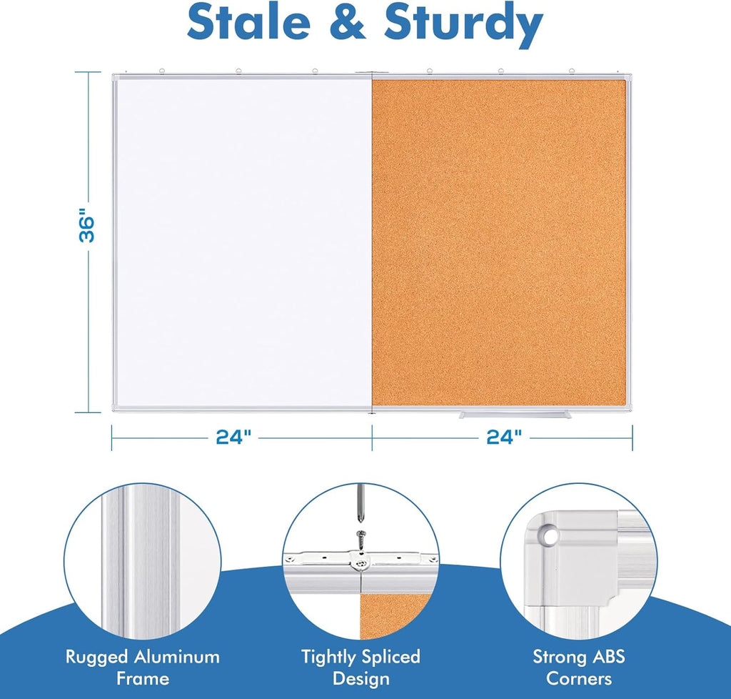 Magnetic White Board and Cork Board Combo, 48 X 36 inches Whiteboard Bulletin Combination Board, Wall Mounted Dry