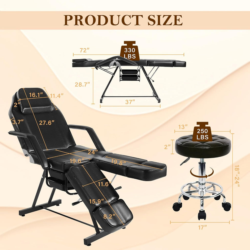 Tattoo Chair for Client, Facial Bed Esthetician Massage Headrest Table with Rolling Stool, Split Legs Design