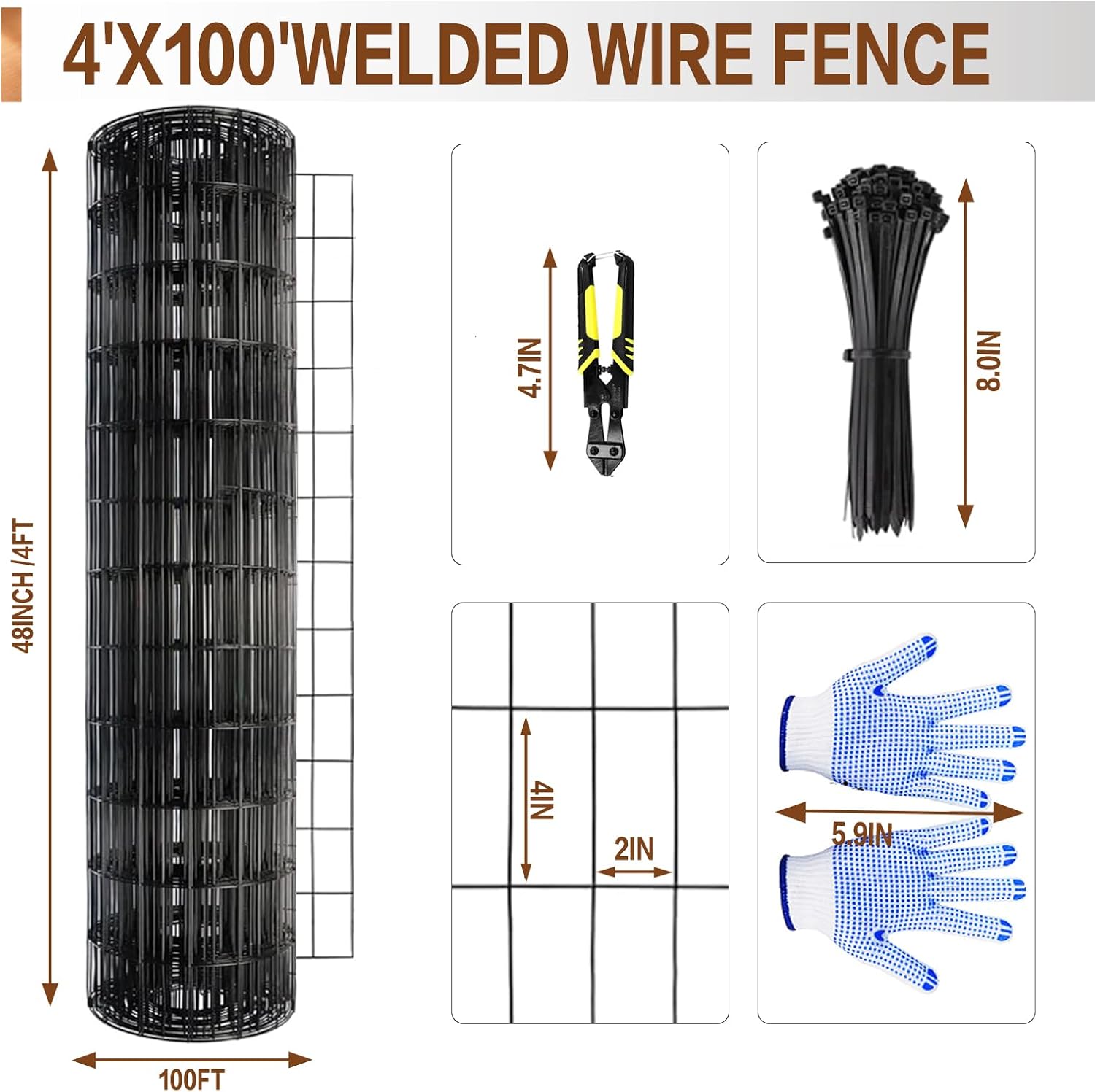 4 ft x 100 ft Black PVC Coated Welded Wire Fence, 16GA Garden Chicken Wire Fence Roll, Mesh Size 2" x 4" Hardware