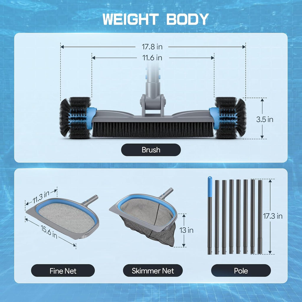4-in-1 Deluxe Swimming Pool Cleaning Kit - Includes Detachable Pool Brush, Heavy Duty Deep Leaf Skimmer Net, Fine