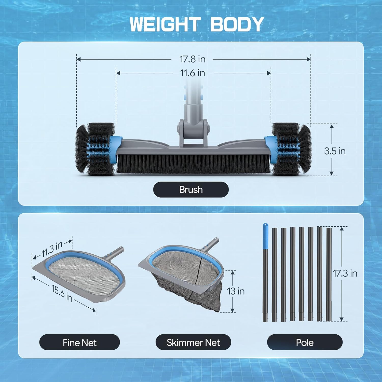 4-in-1 Deluxe Swimming Pool Cleaning Kit - Includes Detachable Pool Brush, Heavy Duty Deep Leaf Skimmer Net, Fine