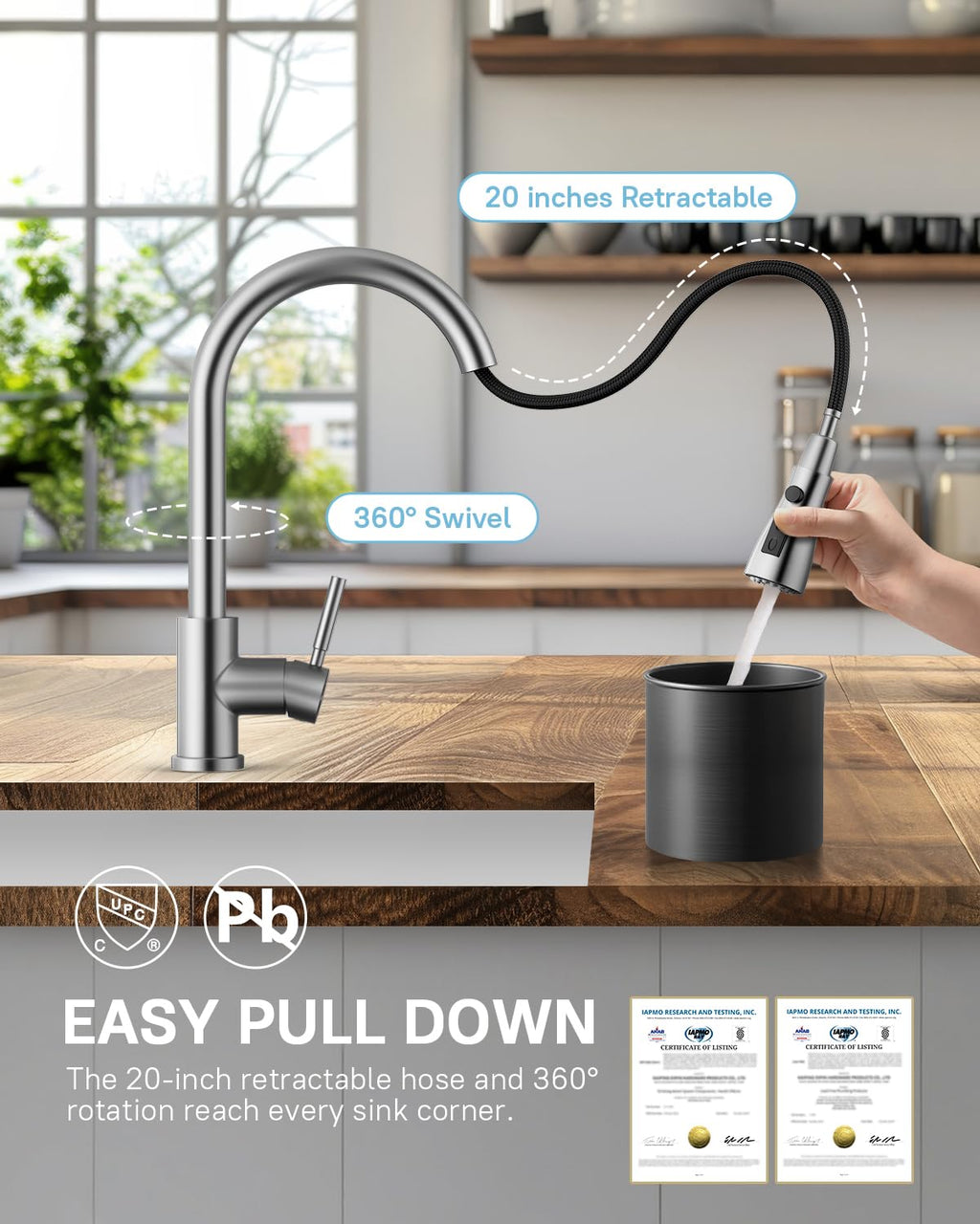 Pull-Down Kitchen Faucet, 3-Mode Sprayer, Brushed Nickel, High Arc