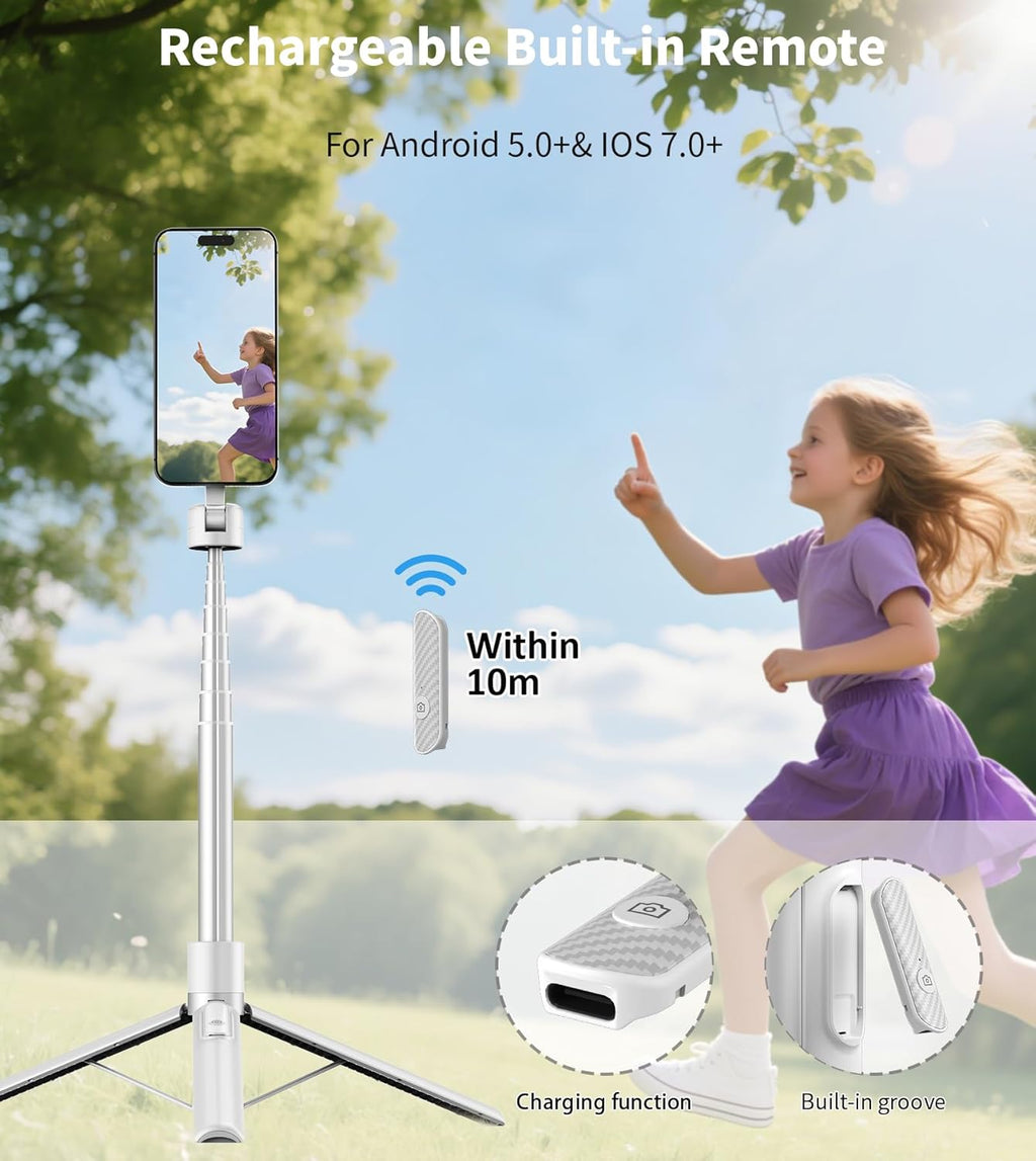 68" Magnetic Aluminum Phone Tripod Selfie Stick for iPhone & Android | Rechargeable Remote,360° Rotatable Foldable