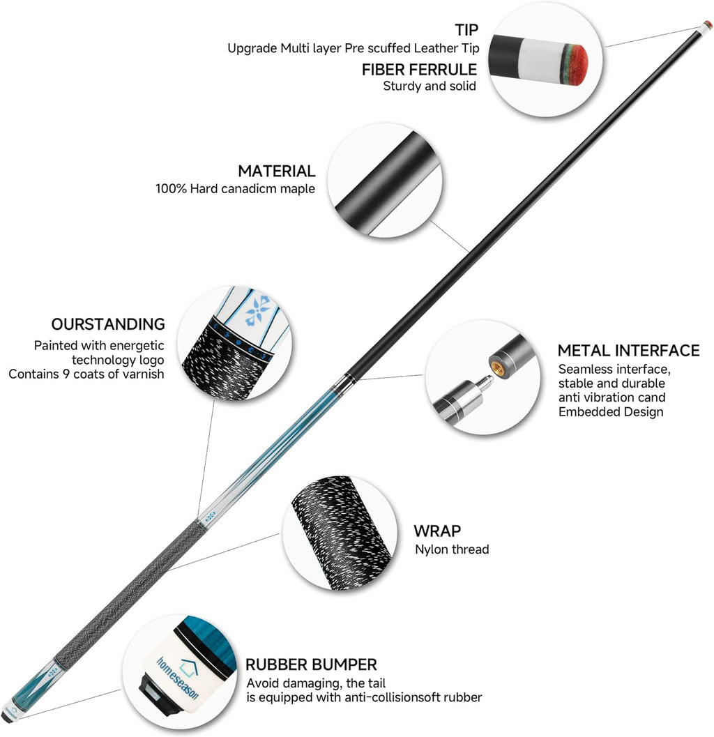 Pool Cue Stick 58" Billiard Cue Sticks Nylon Thread Grip Professional Low Deflection Pool Sticks