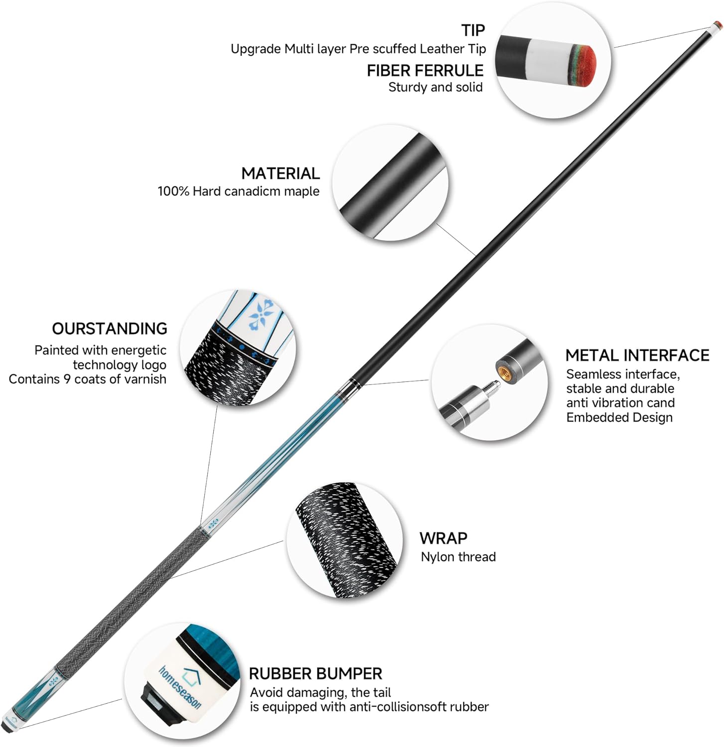 Pool Cue Stick 58" Billiard Cue Sticks Nylon Thread Grip Professional Low Deflection Pool Sticks